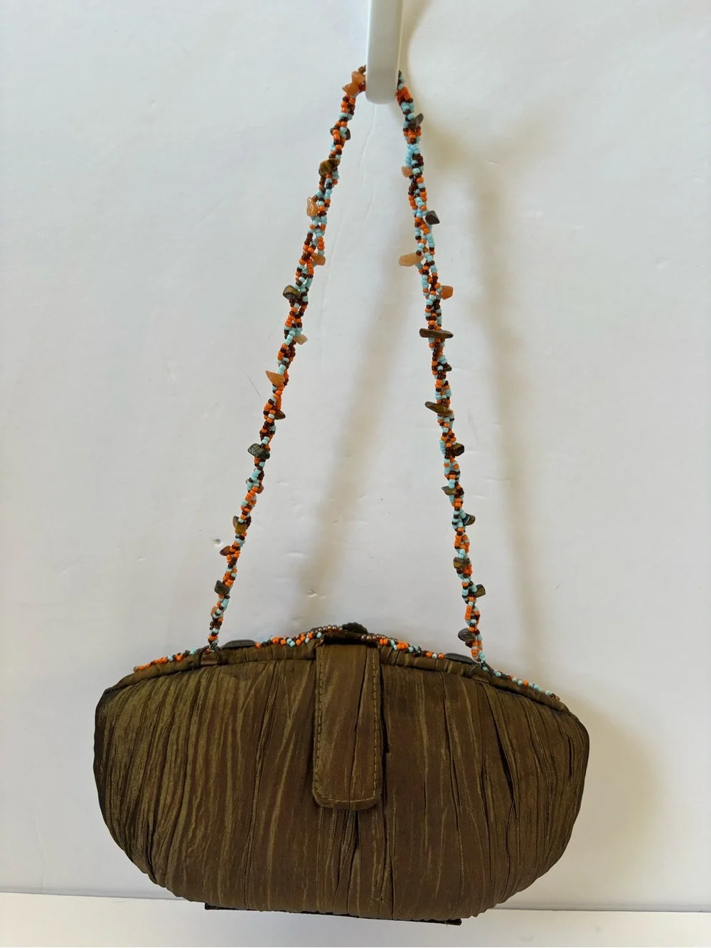 VNTG Mary Frances‎ Ember Oracle Beaded Ruffle Clutch Bag Artsy Brown Satin Fairy
